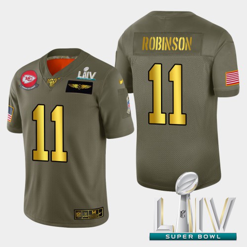 Kansas City Kansas City Chiefs #11 Demarcus Robinson Men's Olive Gold Super Bowl LIV 2020 2019 Salute to Service Limited 100 Jersey Men's