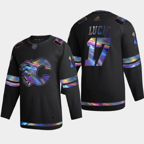 Calgary Calgary Flames #17 Milan Lucic Men's Iridescent Holographic Collection Jersey - Black Men's
