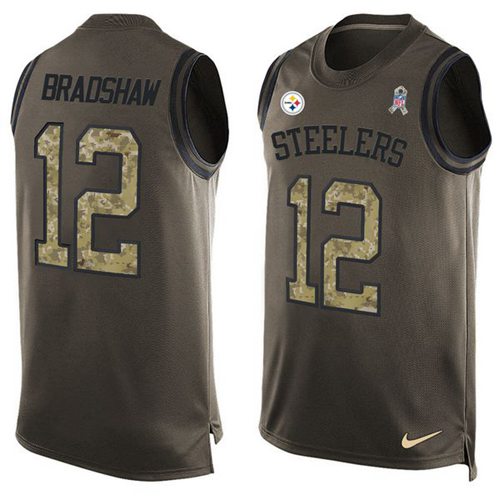 Steelers #12 Terry Bradshaw Green Men's Stitched Limited Salute To Service Tank Top Jersey