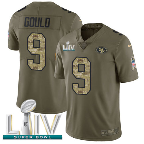 San Francisco 49ers #9 Robbie Gould Olive/Camo Super Bowl LIV 2020 Youth Stitched Limited 2017 Salute To Service Jersey Youth