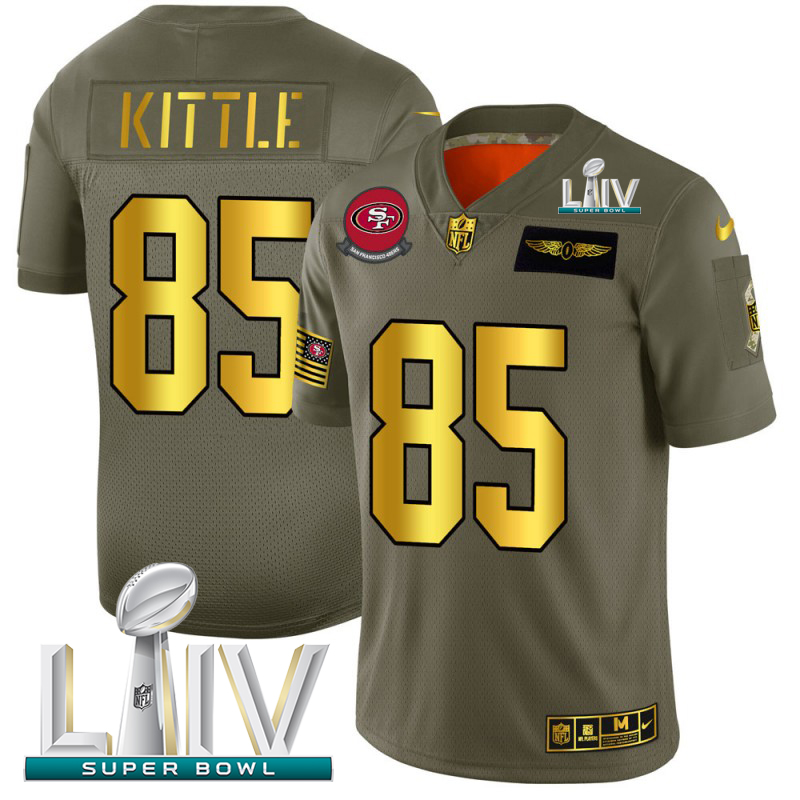 San Francisco 49ers #85 George Kittle Men's Olive Gold Super Bowl LIV 2020 2019 Salute To Service Limited Jersey
