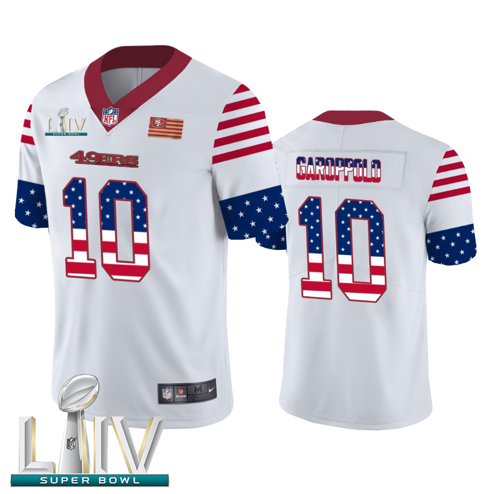 San Francisco 49ers #10 Jimmy Garoppolo White Super Bowl LIV 2020 Men's Team Logo USA Flag Vapor Untouchable Limited Jersey