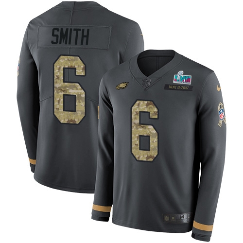 Eagles #6 DeVonta Smith Anthracite Super Bowl LVII Patch Salute To Service Men's Stitched Limited Therma Long Sleeve Jersey