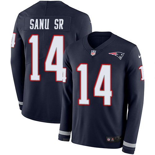 New England Patriots #14 Mohamed Sanu Sr Navy Blue Team Color Youth Stitched Limited Therma Long Sleeve Jersey Youth