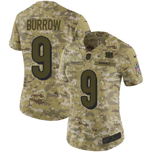 Bengals #9 Joe Burrow Camo Women's Stitched Limited 2018 Salute To Service Jersey