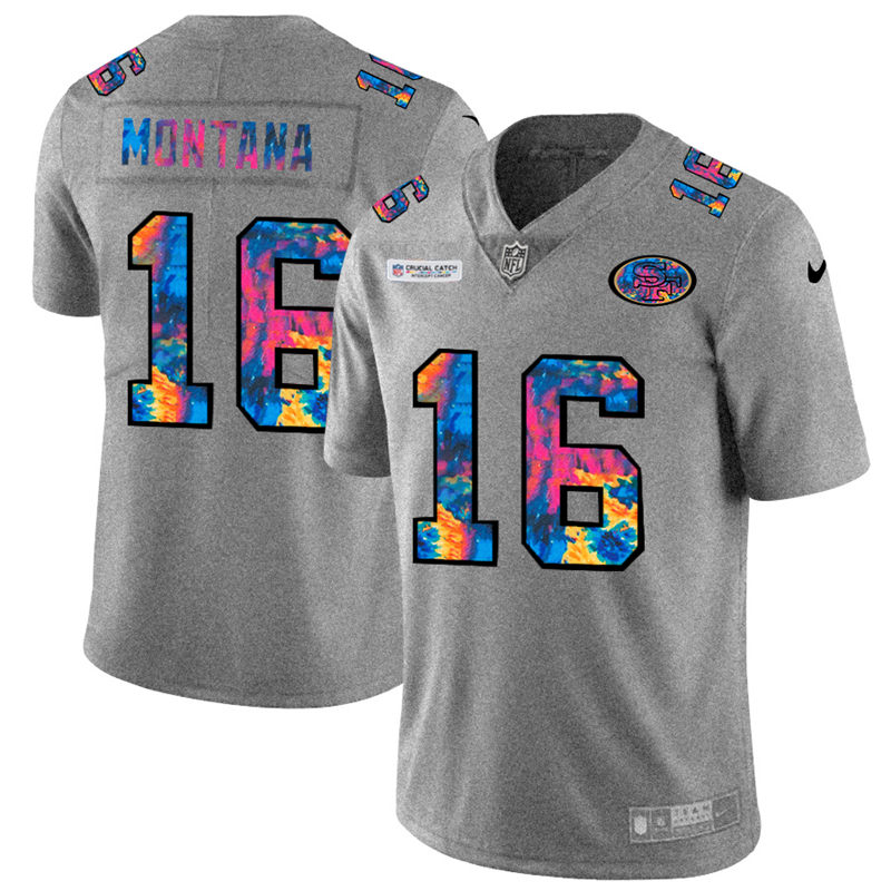San Francisco 49ers #16 Joe Montana Men's Multi-Color 2020 Crucial Catch Jersey Greyheather