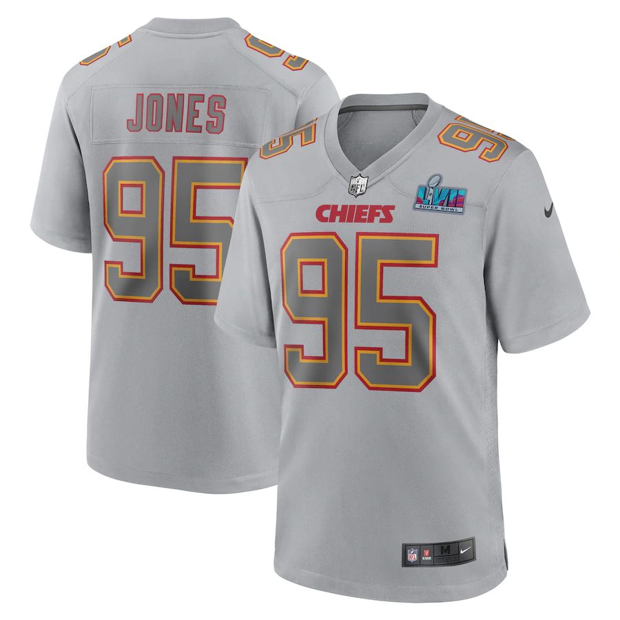 Chiefs #95 Chris Jones Youth Super Bowl LVII Patch Atmosphere Fashion Game Jersey - Gray