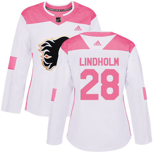 Adidas Calgary Flames #28 Elias Lindholm White/Pink Authentic Fashion Women's Stitched Jersey Womens