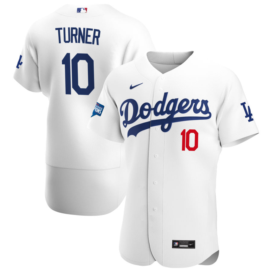 Los Angeles Dodgers #10 Justin Turner Men's White Home 2020 World Series Champions Authentic Player Jersey