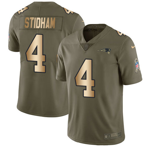 New England Patriots #4 Jarrett Stidham Olive/Gold Men's Stitched Limited 2017 Salute To Service Jersey Men's