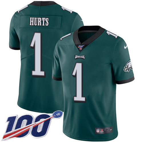 Eagles #1 Jalen Hurts Green Team Color Youth Stitched 100th Season Vapor Untouchable Limited Jersey