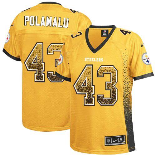 Steelers #43 Troy Polamalu Gold Women's Stitched Elite Drift Fashion Jersey