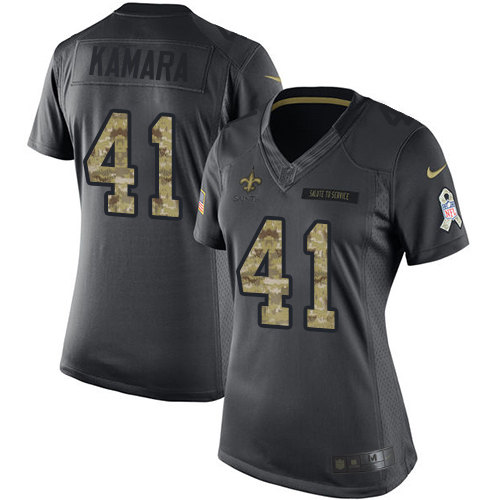 Saints #41 Alvin Kamara Black Women's Stitched Limited 2016 Salute To Service Jersey
