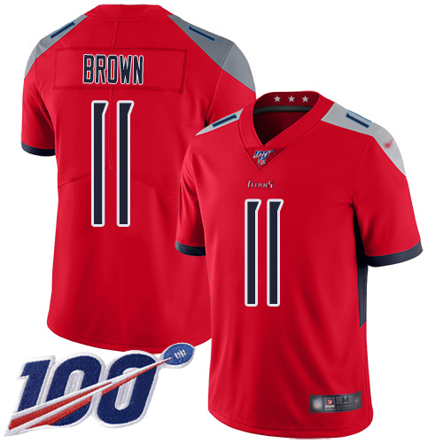 Tennessee Titans #11 A.J. Brown Red Men's Stitched Limited Inverted Legend 100th Season Jersey Men's