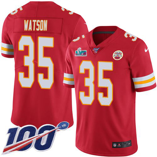 Chiefs #35 Jaylen Watson Red Team Color Super Bowl LVII Patch Men's Stitched 100th Season Vapor Limited Jersey