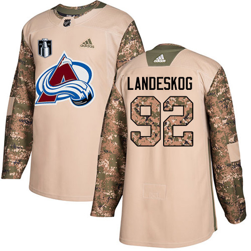 Adidas Colorado Avalanche #92 Gabriel Landeskog Camo Authentic Youth 2022 Stanley Cup Final Patch Veterans Day Stitched Jersey Youth