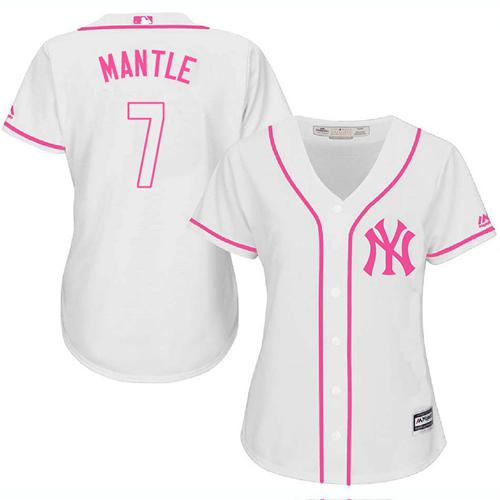 New York Yankees #7 Mickey Mantle White/Pink Fashion Women's Stitched Jersey Womens