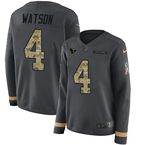 Houston Texans #4 Deshaun Watson Anthracite Salute to Service Women's Stitched Limited Therma Long Sleeve Jersey Womens