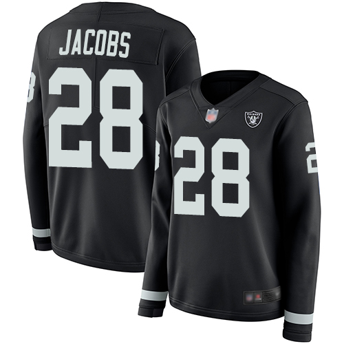 Raiders #28 Josh Jacobs Black Team Color Women's Stitched Limited Therma Long Sleeve Jersey