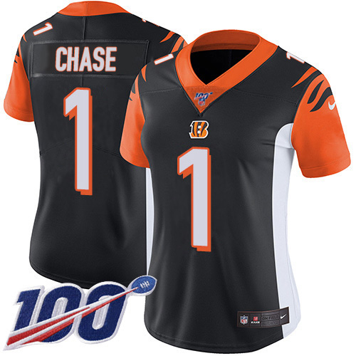 Bengals #1 Ja'Marr Chase Black Team Color Women's Stitched 100th Season Vapor Untouchable Limited Jersey