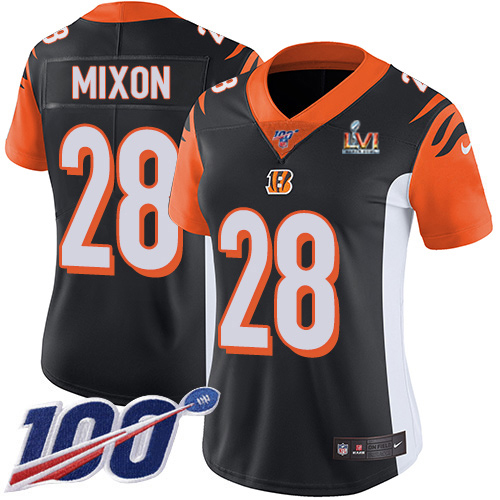 Bengals #28 Joe Mixon Black Team Color Super Bowl LVI Patch Women's Stitched 100th Season Vapor Untouchable Limited Jersey