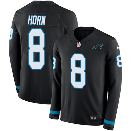 Carolina Panthers #8 Jaycee Horn Black Team Color Youth Stitched Limited Therma Long Sleeve Jersey Youth