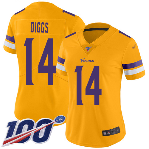 Minnesota Vikings #14 Stefon Diggs Gold Women's Stitched Limited Inverted Legend 100th Season Jersey Womens
