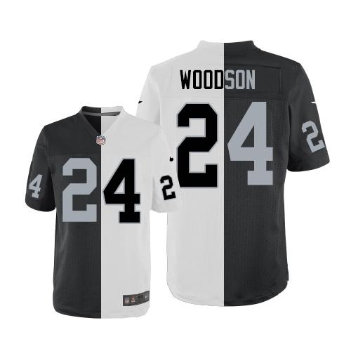 Raiders #24 Charles Woodson White/Black Men's Stitched Elite Split Jersey