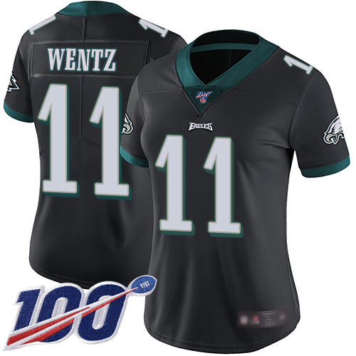 Philadelphia Eagles #11 Carson Wentz Black Alternate Women's Stitched 100th Season Vapor Limited Jersey Womens