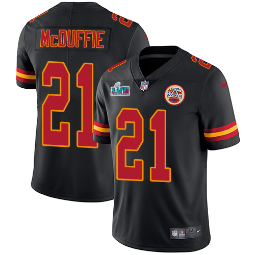 Chiefs #21 Trent McDuffie Black Super Bowl LVII Patch Youth Stitched Limited Rush Jersey