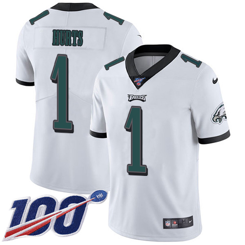 Eagles #1 Jalen Hurts White Men's Stitched 100th Season Vapor Untouchable Limited Jersey