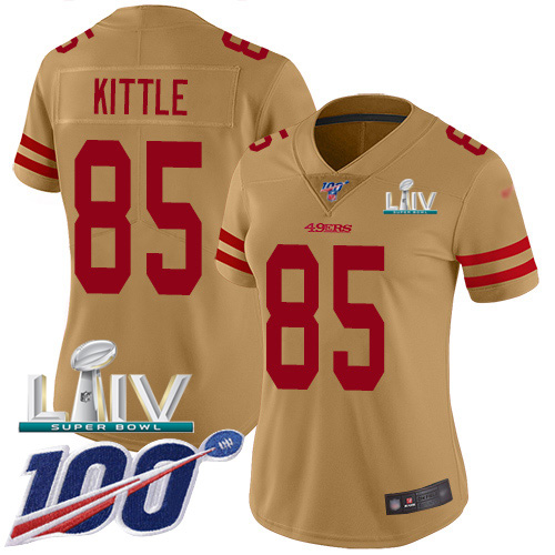 49ers #85 George Kittle Gold Super Bowl LIV 2020 Women's Stitched Limited Inverted Legend 100th Season Jersey