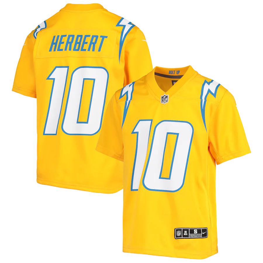 Los Angeles Chargers #10 Justin Herbert Youth Gold Inverted Team Game Jersey