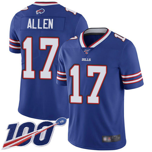 Bills #17 Josh Allen Royal Blue Team Color Men's Stitched 100th Season Vapor Limited Jersey