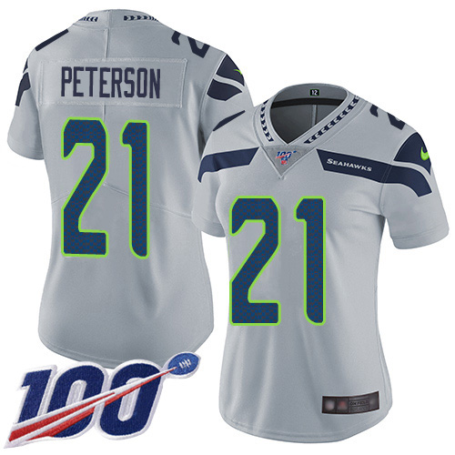 Seattle Seahawks #21 Adrian Peterson Grey Alternate Women's Stitched 100th Season Vapor Untouchable Limited Jersey Womens