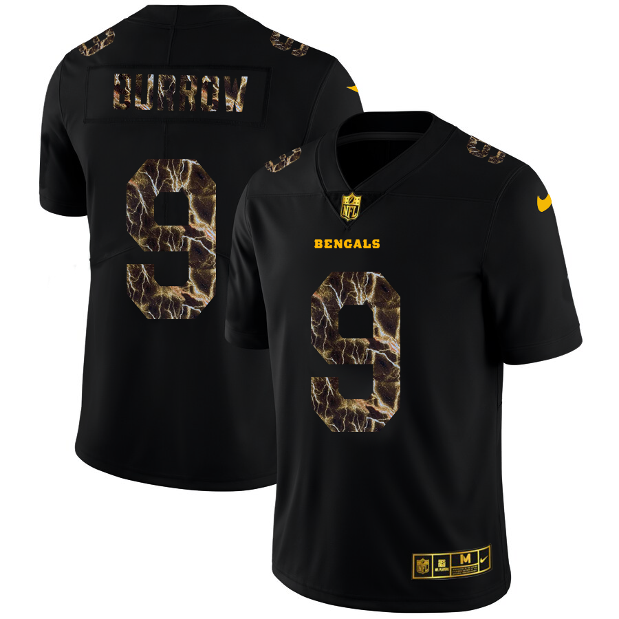 Cincinnati Bengals #9 Joe Burrow Men's Black Flocked Lightning Vapor Limited Jersey