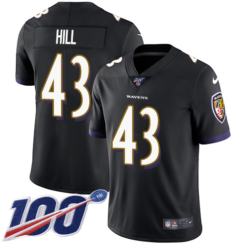 Baltimore Ravens #43 Justice Hill Black Alternate Youth Stitched 100th Season Vapor Untouchable Limited Jersey Youth