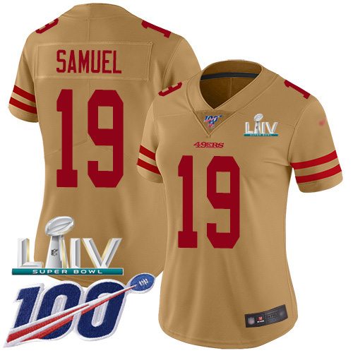 49ers #19 Deebo Samuel Gold Super Bowl LIV 2020 Women's Stitched Limited Inverted Legend 100th Season Jersey