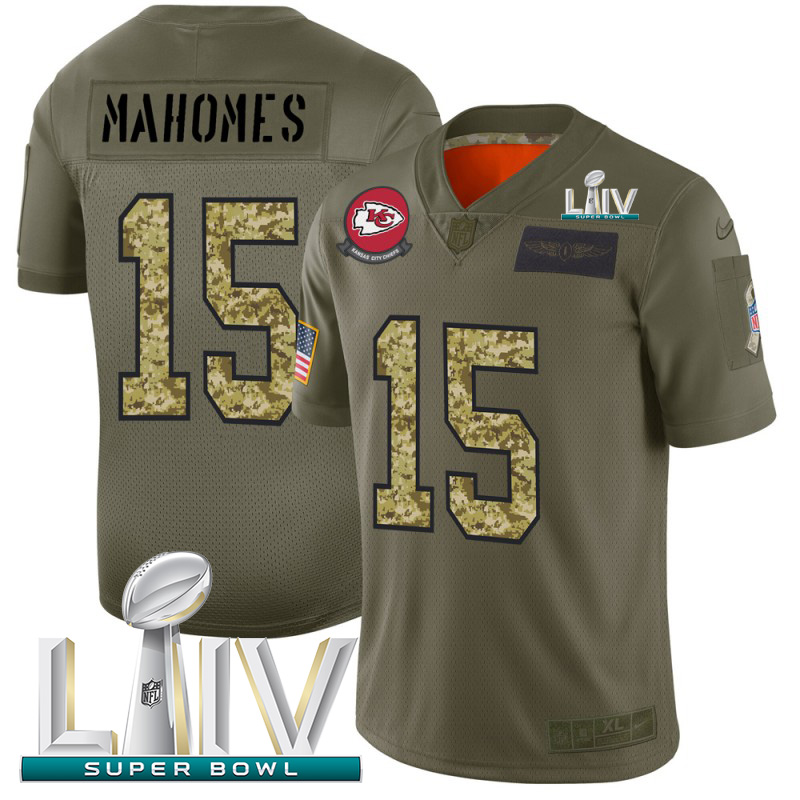 Kansas City Chiefs #15 Patrick Mahomes Men's 2019 Olive Camo Super Bowl LIV 2020 Salute To Service Limited Jersey