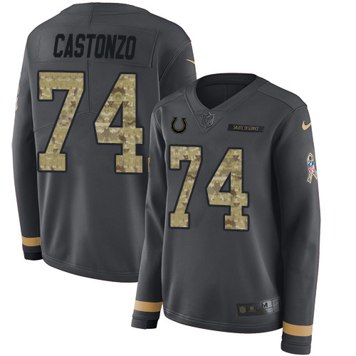Indianapolis Colts #74 Anthony Castonzo Anthracite Salute to Service Women's Stitched Limited Therma Long Sleeve Jersey Womens