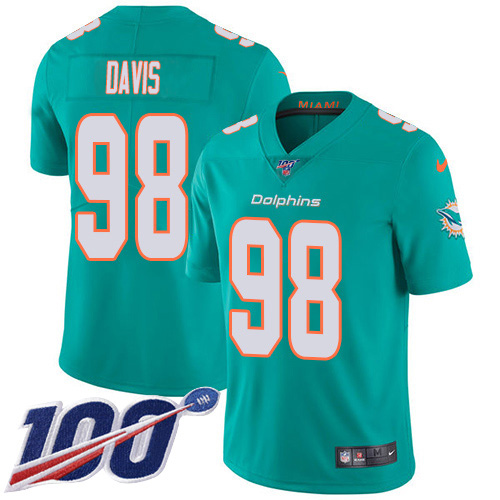Miami Dolphins #98 Raekwon Davis Aqua Green Team Color Youth Stitched 100th Season Vapor Untouchable Limited Jersey Youth