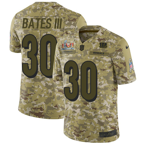Bengals #30 Jessie Bates Camo Super Bowl LVI Patch Youth Stitched Limited 2018 Salute To Service Jersey