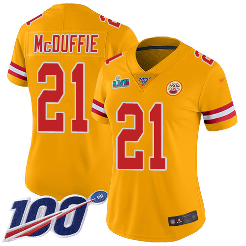 Chiefs #21 Trent McDuffie Gold Super Bowl LVII Patch Women's Stitched Limited Inverted Legend 100th Season Jersey