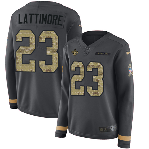 New Orleans Saints #23 Marshon Lattimore Anthracite Salute to Service Women's Stitched Limited Therma Long Sleeve Jersey Womens