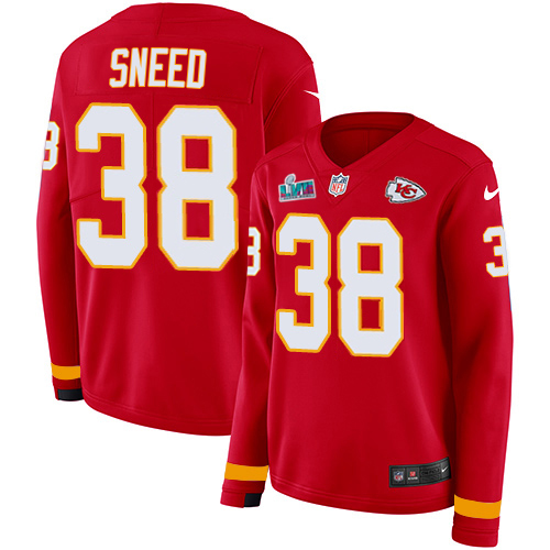 Chiefs #38 L'Jarius Sneed Red Team Color Super Bowl LVII Patch Women's Stitched Limited Therma Long Sleeve Jersey