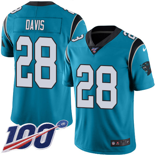 Carolina Panthers #28 Mike Davis Blue Youth Stitched Limited Rush 100th Season Jersey Youth