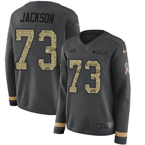 Miami Dolphins #73 Austin Jackson Anthracite Salute to Service Women's Stitched Limited Therma Long Sleeve Jersey Womens
