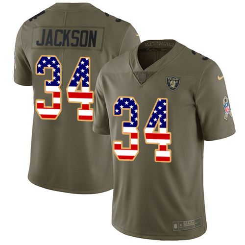 Raiders #34 Bo Jackson Olive/USA Flag Men's Stitched Limited 2017 Salute To Service Jersey