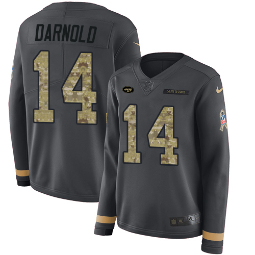New York Jets #14 Sam Darnold Anthracite Salute to Service Women's Stitched Limited Therma Long Sleeve Jersey Womens