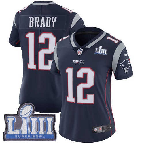 Patriots #12 Tom Brady Navy Blue Team Color Super Bowl LIII Bound Women's Stitched Vapor Untouchable Limited Jersey